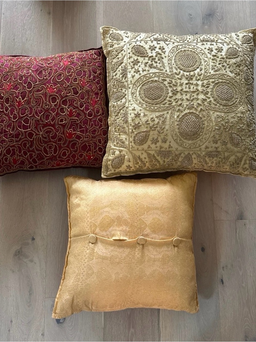 Embroidered Decorative Throw Pillow Set in Gold, Red, and Cream